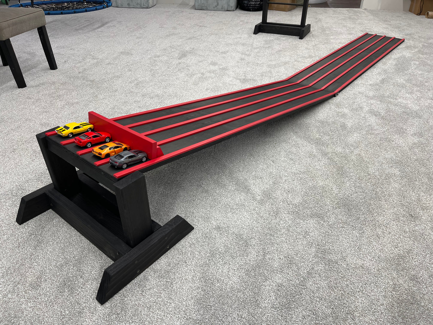 3 INCH LANES, 10' Kids Race Track, 5' Race Car Track + Stand + 5' Extension, 2-4 Lane Wooden Ramp, Monster Trucks, Derby Car Raceway