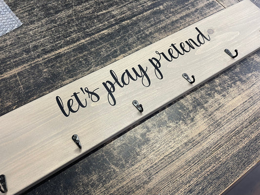 Let's Play Pretend, Kid's Dress Up Area, Toddler Costume Display Rack, Clothing Hanger, Organizer Hooks, Children's Attire Storage, Playroom Organizer, Wood Decor