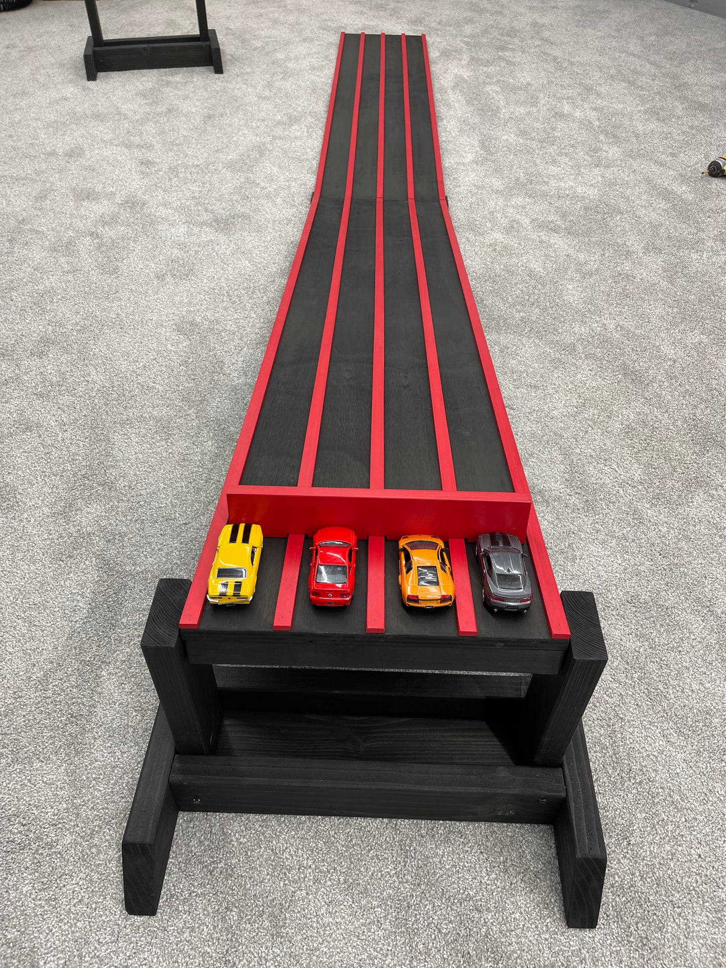 3 INCH LANES, 10' Kids Race Track, 5' Race Car Track + Stand + 5' Extension, 2-4 Lane Wooden Ramp, Monster Trucks, Derby Car Raceway