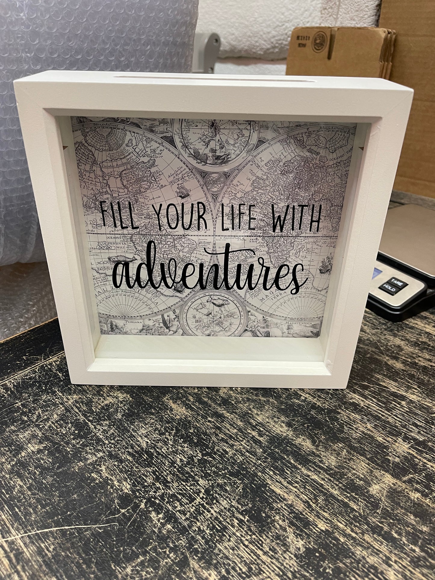 Fill Your Life With Adventures, Pastel Map, Ticket Stubs, Money Bank, Shadow Box, Gift Idea, Adventure Fund, Travel Theme, Memories
