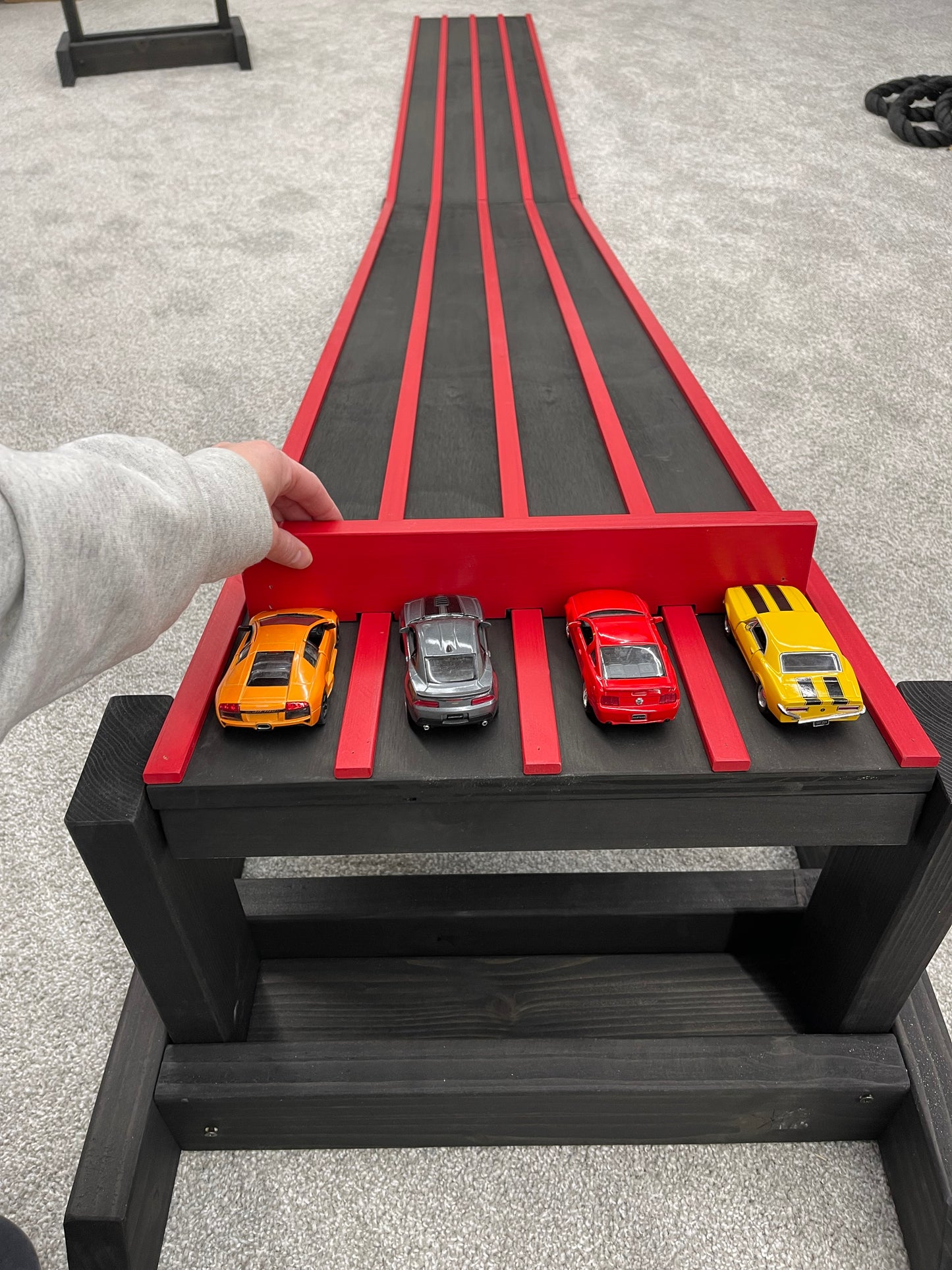 3 INCH LANES, 10' Kids Race Track, 5' Race Car Track + Stand + 5' Extension, 2-4 Lane Wooden Ramp, Monster Trucks, Derby Car Raceway