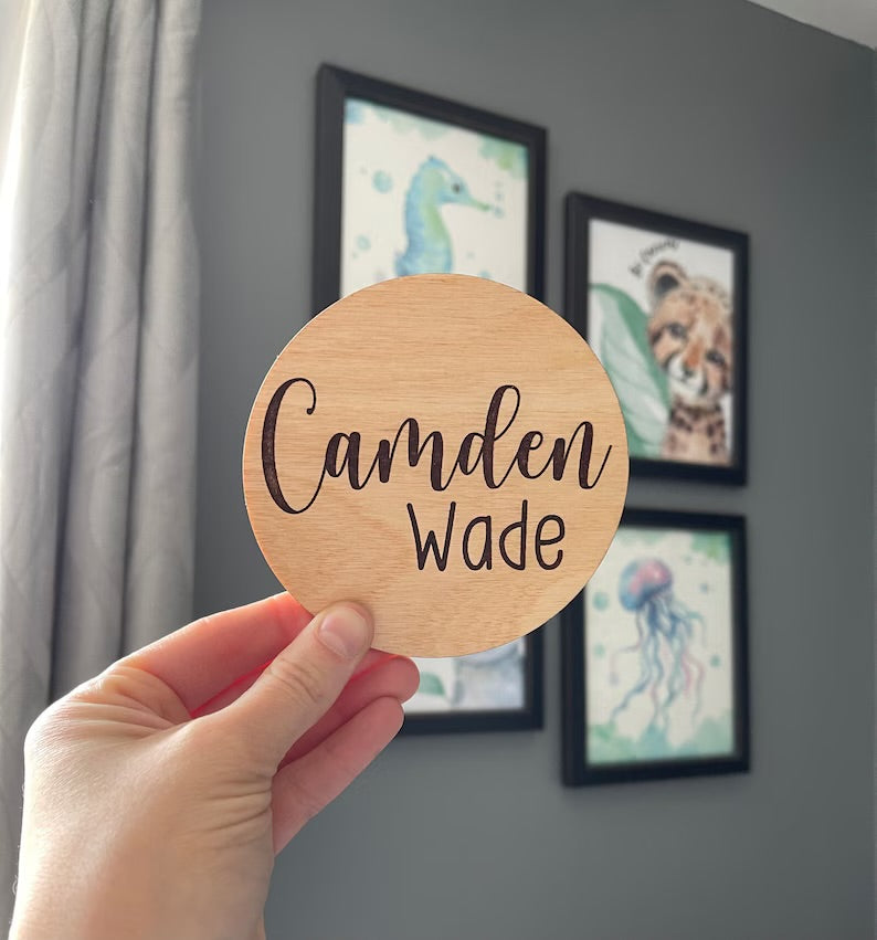 Baby Name Round, Laser Engraved Announcement Sign, Birth Reveal, Baby Reveal, Custom, Personalized, New Baby, Hospital, Newborn, Kids