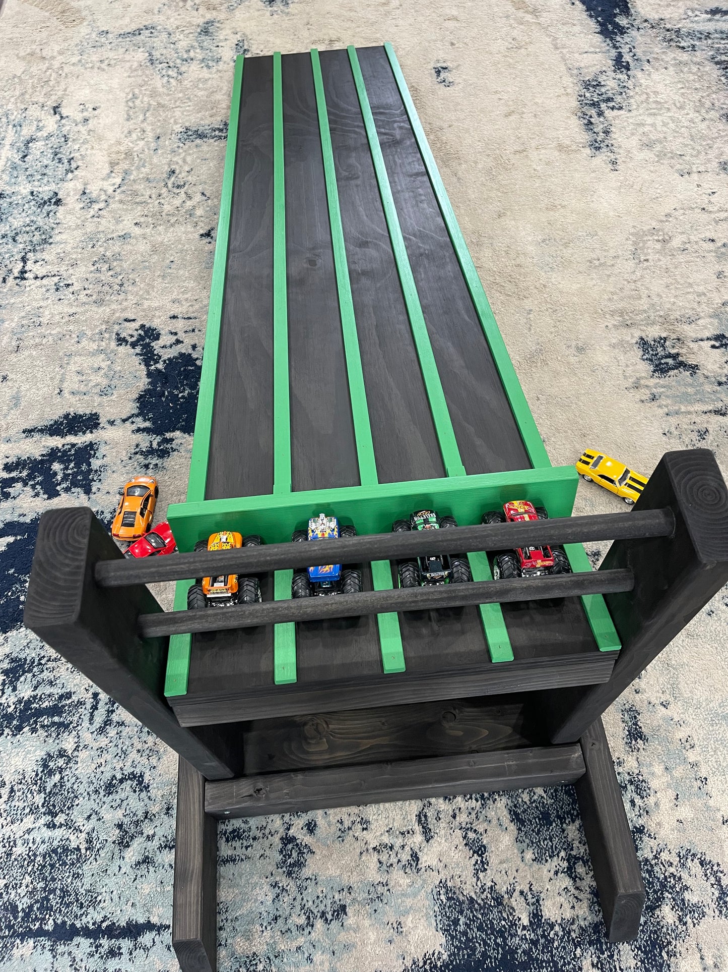 3 INCH WIDE LANES, 5' Kids Race Car Track + Adjustable Height Stand, 2-6 Lane Wooden Ramp, Pinewood Derby Car Raceway, Monster Trucks