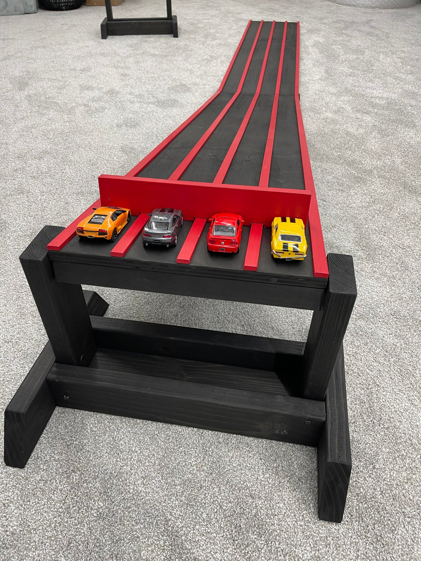 3 INCH LANES, 10' Kids Race Track, 5' Race Car Track + Stand + 5' Extension, 2-4 Lane Wooden Ramp, Monster Trucks, Derby Car Raceway