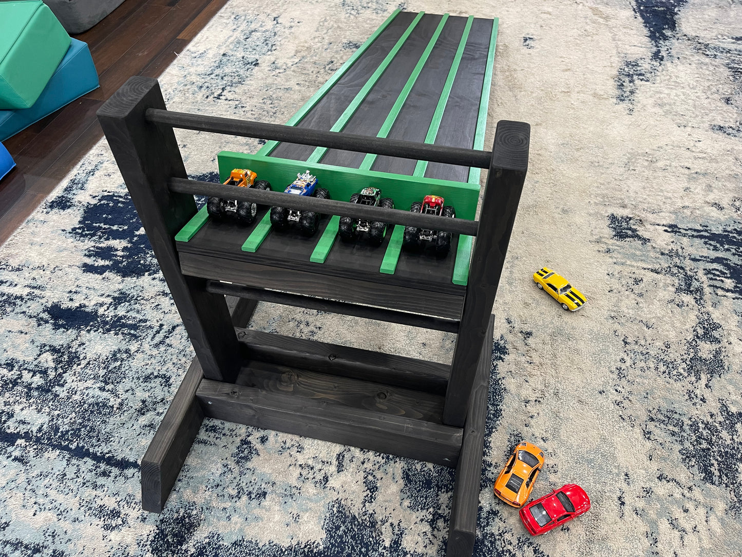 3 INCH WIDE LANES, 5' Kids Race Car Track + Adjustable Height Stand, 2-6 Lane Wooden Ramp, Pinewood Derby Car Raceway, Monster Trucks