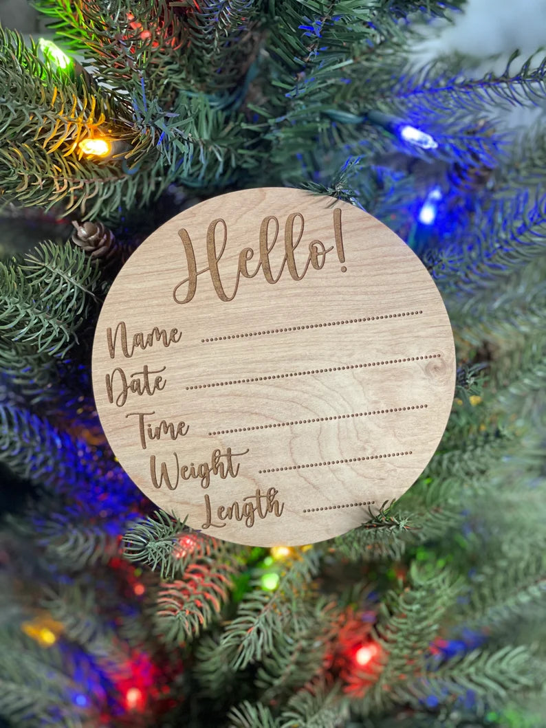 Hello Baby Stats, Cursive Announcement Sign, Birth Reveal, New Baby, Hospital, Birth Stats, Newborn, Hospital Sign, Laser Engraved, Wood Round