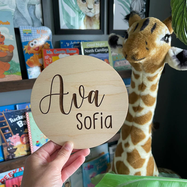 Baby Name Round, Laser Engraved Announcement Sign, Birth Reveal, Baby Reveal, Custom, Personalized, New Baby, Hospital, Newborn, Kids