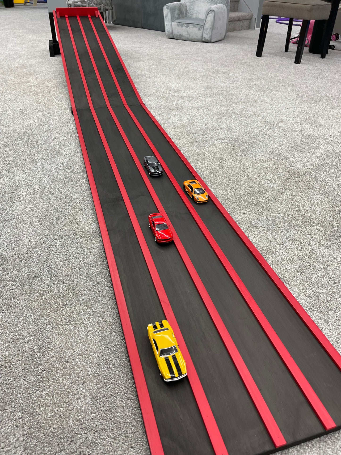 3 INCH LANES, 10' Kids Race Track, 5' Race Car Track + Stand + 5' Extension, 2-4 Lane Wooden Ramp, Monster Trucks, Derby Car Raceway