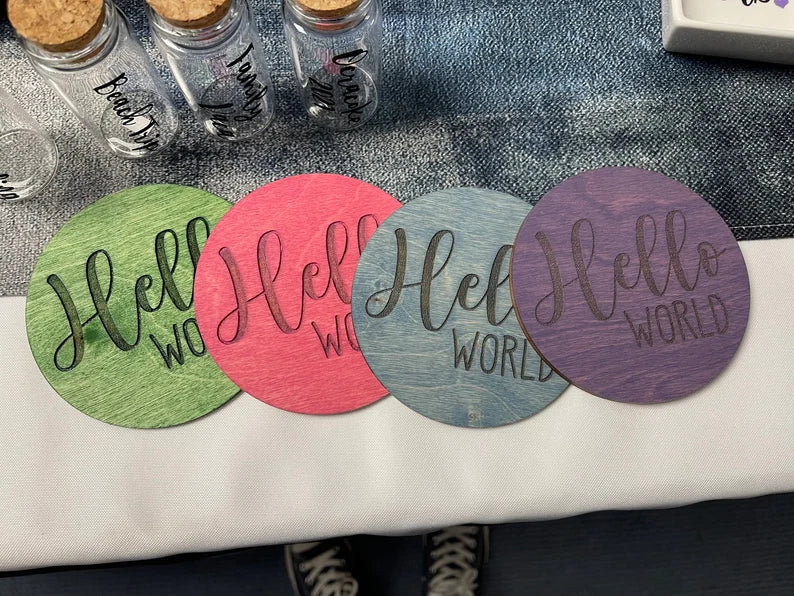 Hello World, Announcement Sign, Birth Reveal, New Baby, Hospital, Birth Stats, Newborn, Hospital Sign, Laser Engraved, Wood Round