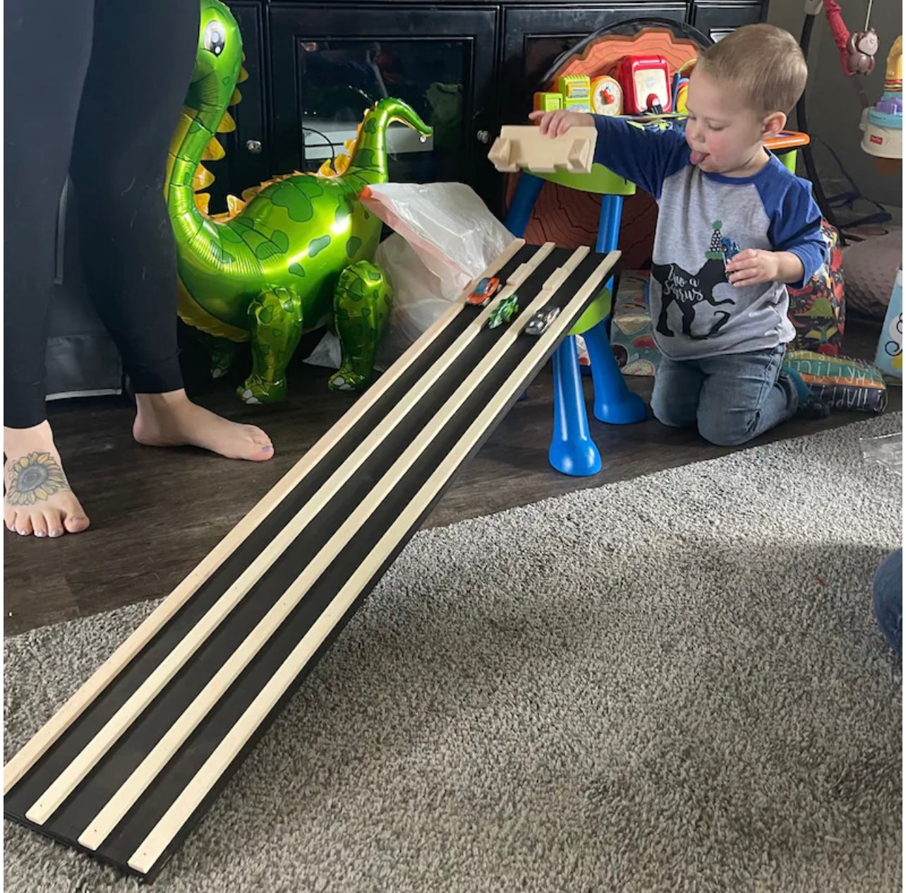 3,4,5 or 6' Kids Race Car Track, 36 Inch Matchbox Wooden Ramp, 3 Lane Road, Hot Wheels, Trucks, Cars, Children Toy, Flat Wooden Ramp