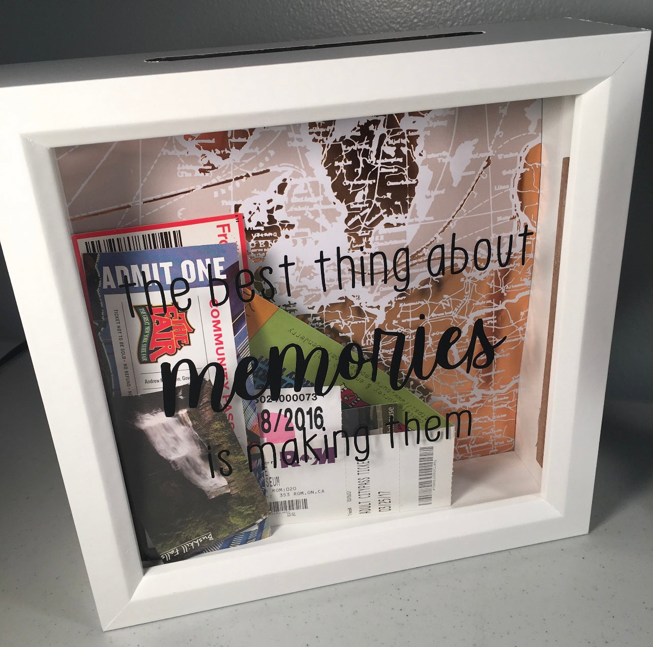 Making Memories, Map Paper, Pastel Map, Ticket Stubs, Money Bank, Shadow Box, Gift Idea, Kids Adventure, Travel Theme, Wedding, Best Thing About Memories