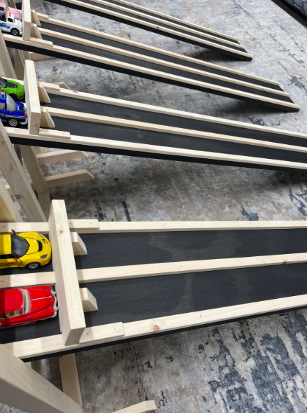 3 INCH WIDE LANES, 5' Kids Race Car Track + Adjustable Height Stand, 2-6 Lane Wooden Ramp, Pinewood Derby Car Raceway, Monster Trucks
