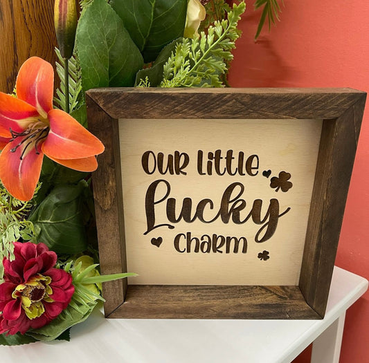 Our Little Lucky Charm, St Patrick’s Day Square Box Sign, Home Decor, Clovers, Tiered Tray, Rustic, Wood Framed Mini, March, Shamrock