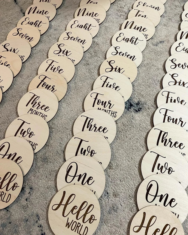 Laser Engraved Monthly Rounds, Hello World, Wooden Milestone Signs, Monthly Photos, Baby Milestones, Baby Shower, Newborn Photo Props