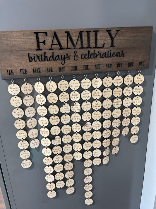 Family Birthday & Celebration Board, Home Calendar, 5.5" x 20" Laser Engraved Wood Sign, Birthday, Anniversary, Reminder Dates, Name Tags