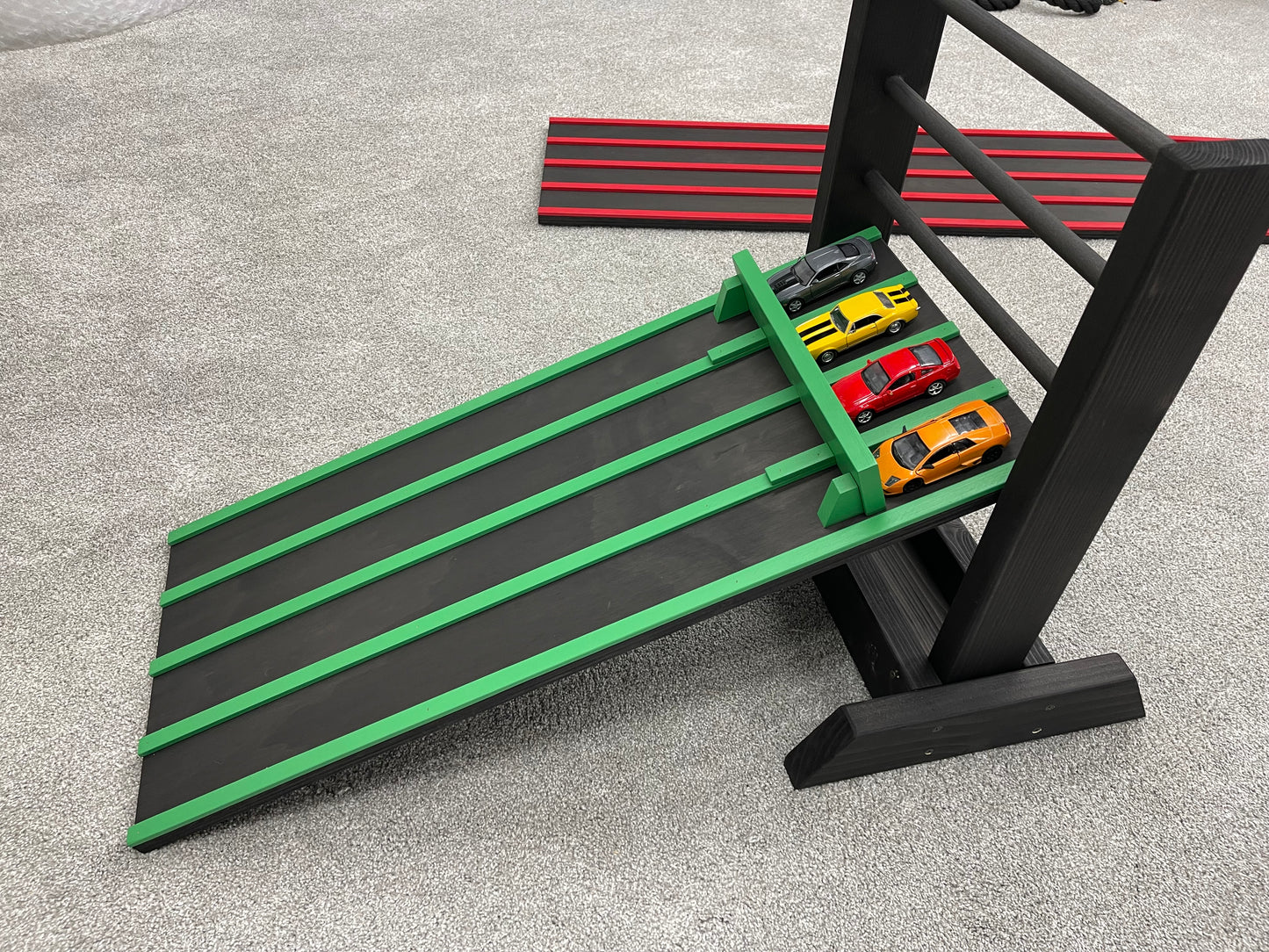 3 INCH WIDE LANES, 3’ Kids Race Car Track + Adjustable Height Stand, 2-6 Lane Wooden Ramp, Pinewood Derby Car Raceway, Monster Trucks