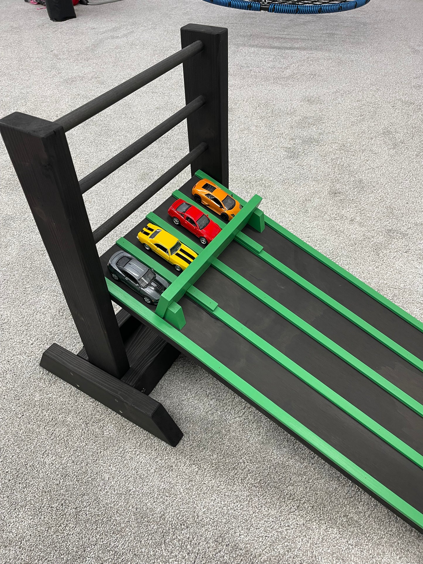 3 INCH WIDE LANES, 3’ Kids Race Car Track + Adjustable Height Stand, 2-6 Lane Wooden Ramp, Pinewood Derby Car Raceway, Monster Trucks