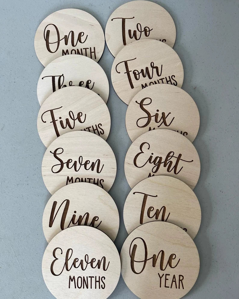 Laser Engraved Monthly Rounds, Hello World, Wooden Milestone Signs, Monthly Photos, Baby Milestones, Baby Shower, Newborn Photo Props