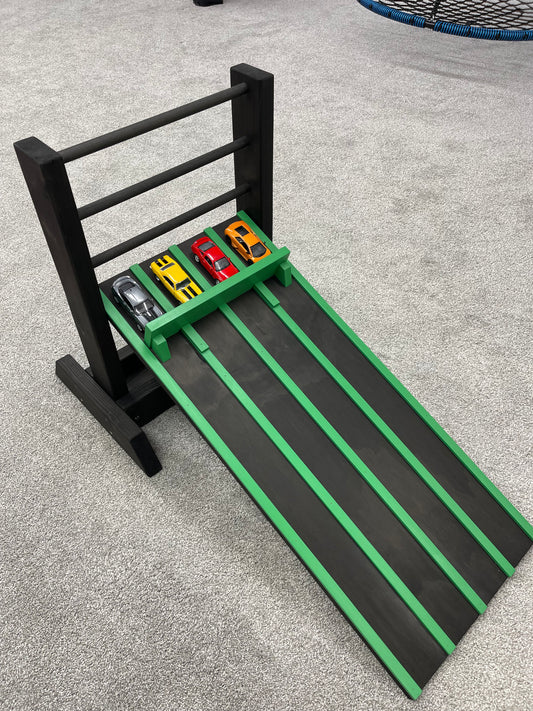 3 INCH WIDE LANES, 3’ Kids Race Car Track + Adjustable Height Stand, 2-6 Lane Wooden Ramp, Pinewood Derby Car Raceway, Monster Trucks