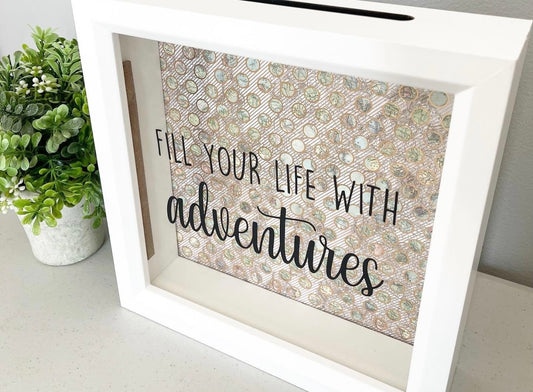 Fill Your Life With Adventures, Pastel Map, Ticket Stubs, Money Bank, Shadow Box, Gift Idea, Adventure Fund, Travel Theme, Memories