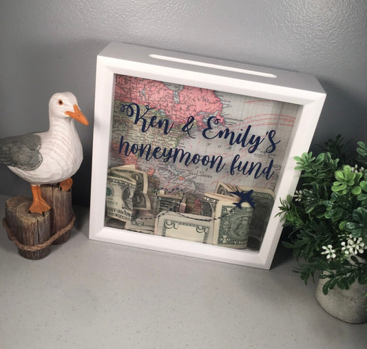 Honeymoon Fund, Adventure Fund, Wishing Bank, Shadow Box, Custom, Personalize, Engagement, Wedding, Cash Box, Piggy Bank, World Map, Travel