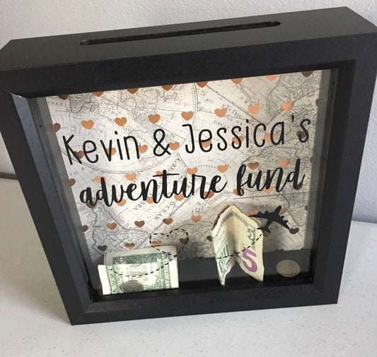 Adventure Fund, Honeymoon Fund, Wishing Bank, Shadow Box, Custom, Personalize, Engagement, Wedding, Cash Box, Piggy Bank, World Map, Travel