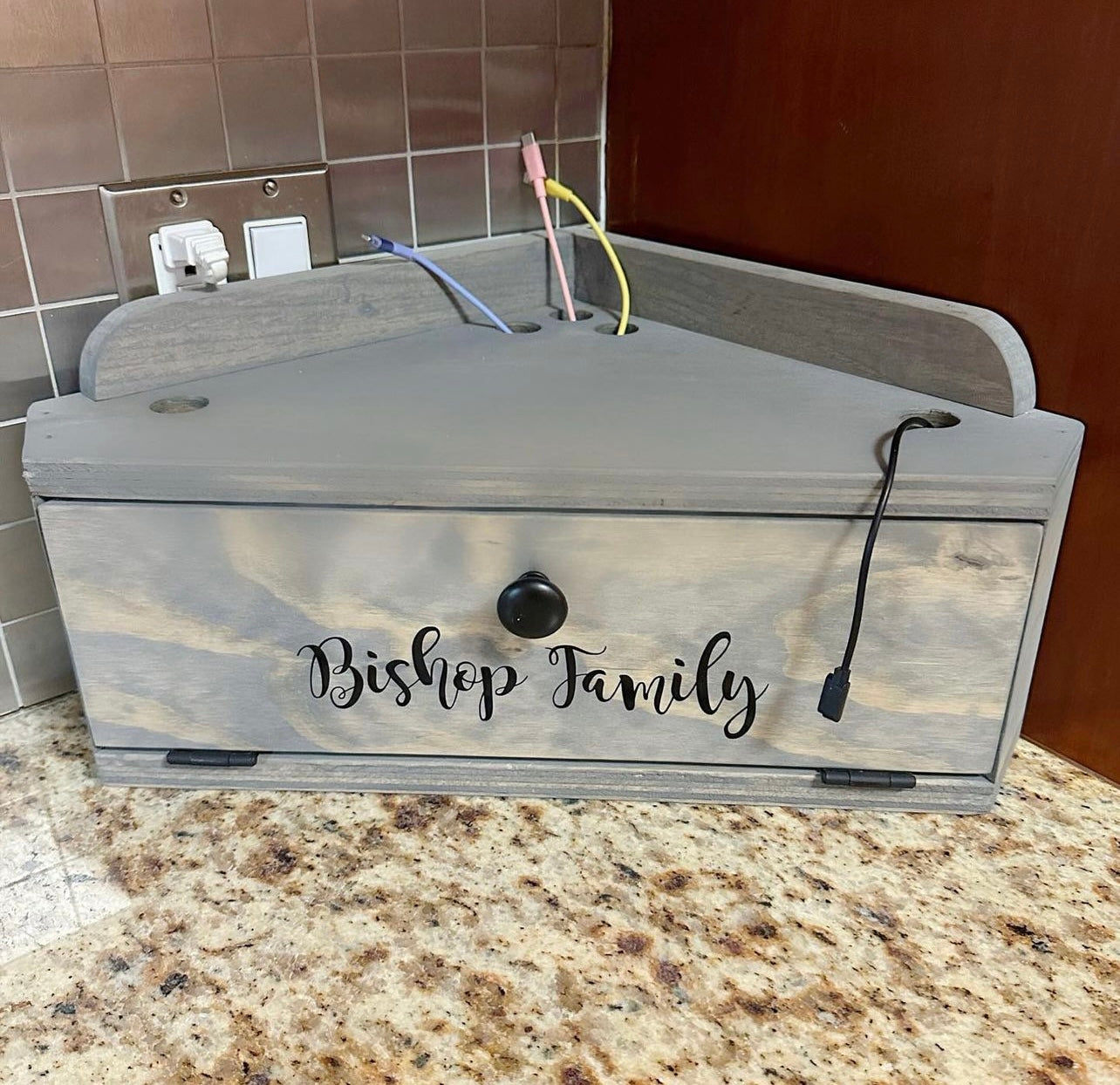 Charging Station, Kitchen Decor, Organization, Storage, Wooden CORNER Countertop Box, Hide Phone Charging Cords, Personalized, Custom Box