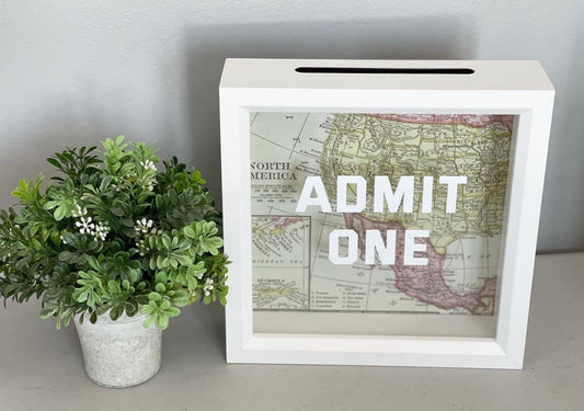 Admit One, Pastel Map, Ticket Stubs, Money Bank, Shadow Box, Gift Idea, Adventure, Travel Theme, Memories, Travel Together, Ticket Box