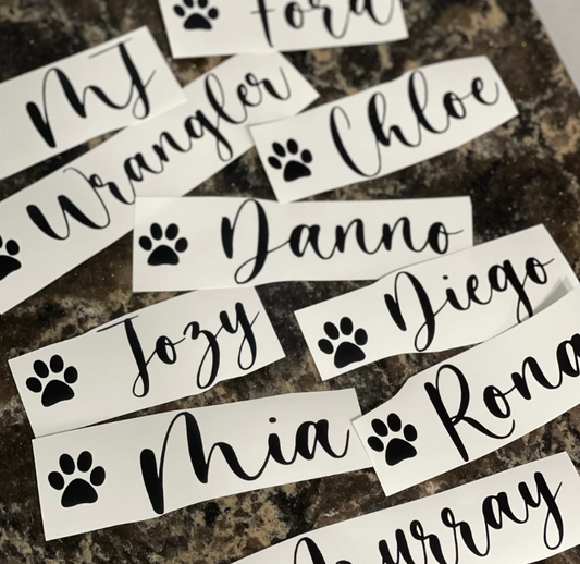 Pet Name Decal, PER NAME, Paw, Custom Name, Food Decal, Permanent Vinyl, Adhesive Decal, Pet Lover, Custom, Pet Decal, Paw Print, Cat, Dog