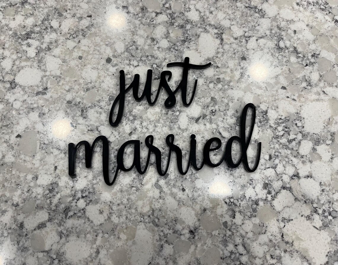 Just Married 3D Cake Topper, Wedding Cake Charm, Lasercut Acrylic, Custom Accessory, Party Decor, Front Cake Sign or Plaque, Bridal, Decor