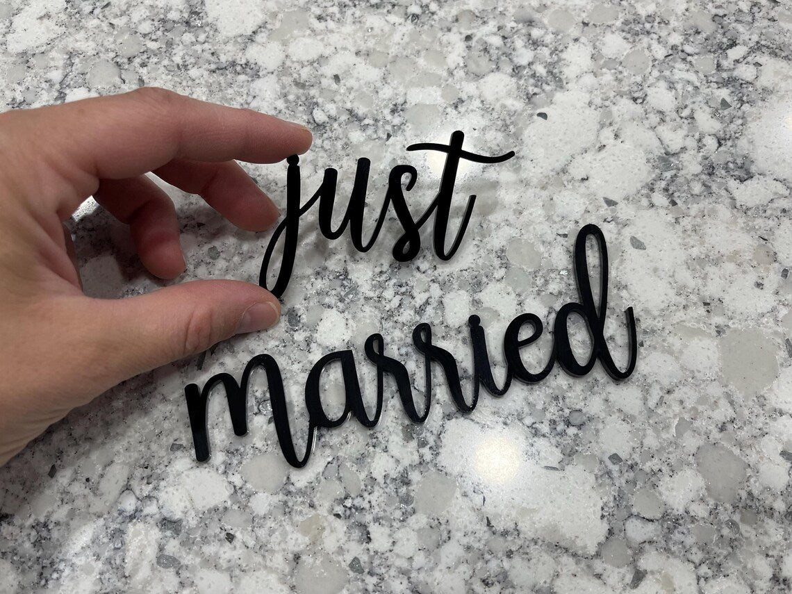 Just Married 3D Cake Topper, Wedding Cake Charm, Lasercut Acrylic, Custom Accessory, Party Decor, Front Cake Sign or Plaque, Bridal, Decor