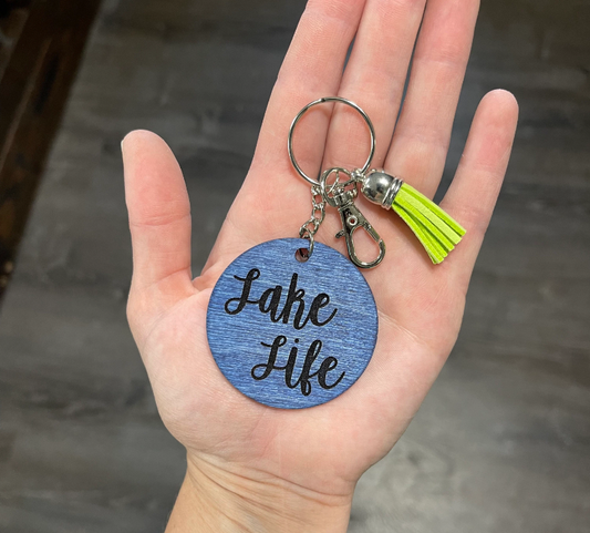 Lake Life, Wood or Acrylic Round Keychain, Laser Engraved, Favor, Gift Basket, Luggage Tag, Lake Lover, Water Themed, Boat Key Accessory