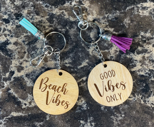 Beach Vibes Keychain, Round Wood or Acrylic, Laser Engraved, Good Vibes, Beach Theme, Gift Basket, Luggage Tag, Purse or Backpack