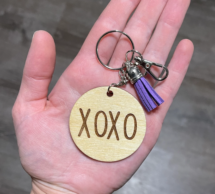 XOXO Round Keychain, Wood or Acrylic, Laser Engraved, Hugs & Kisses, Valentines, Gift Basket, Luggage Tag, Purse or Backpack, Bag Accessory