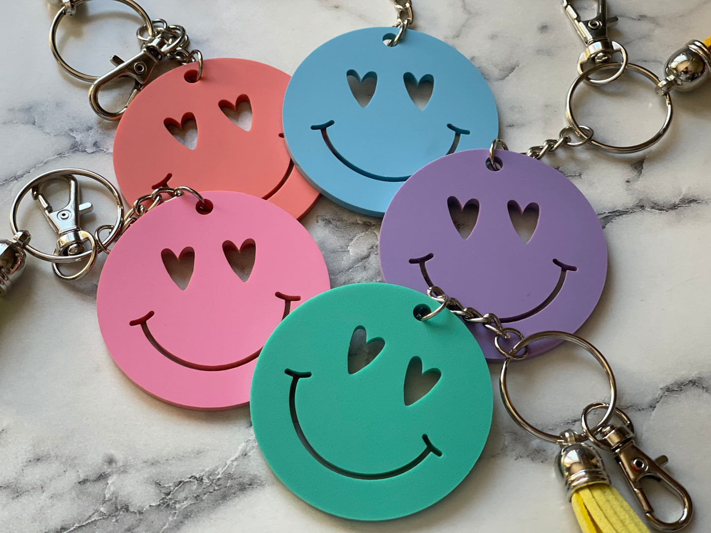 Smiley Face, Acrylic or Wood Keychain, Backpack Tag, Heart Eyes, Retro, Happy Face, Pastel, BFF, Kids, Friend, Gift, Party Favor, Smile