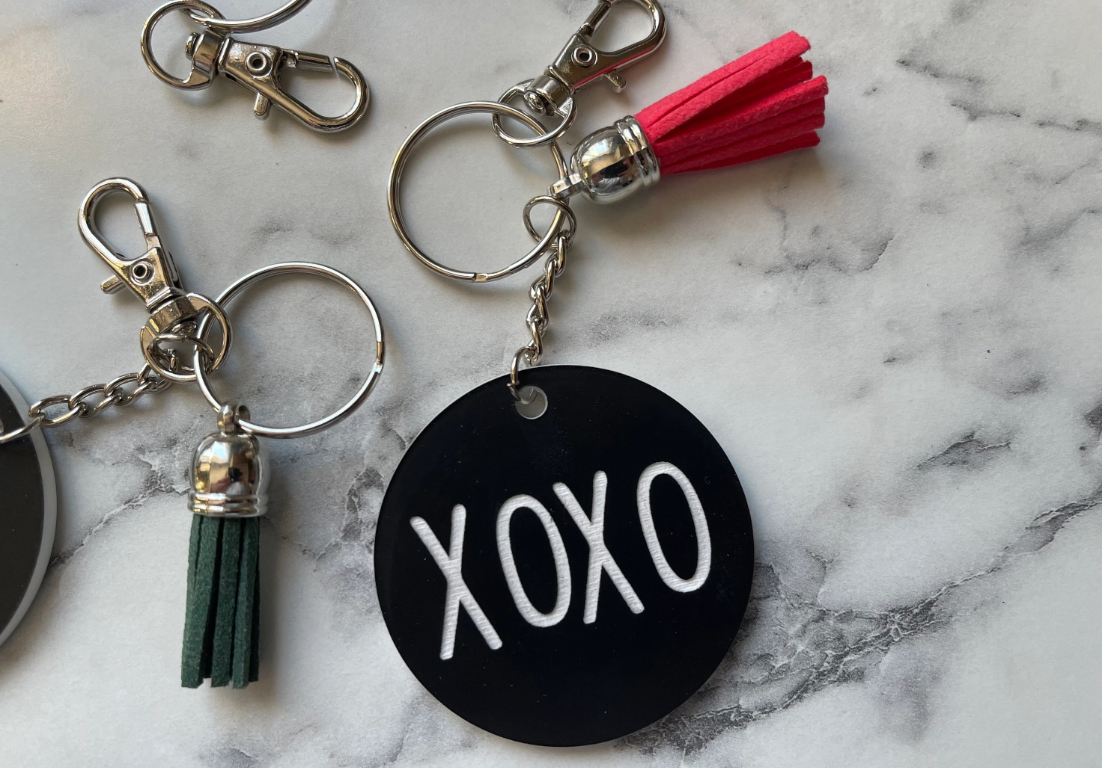 XOXO Round Keychain, Wood or Acrylic, Laser Engraved, Hugs & Kisses, Valentines, Gift Basket, Luggage Tag, Purse or Backpack, Bag Accessory